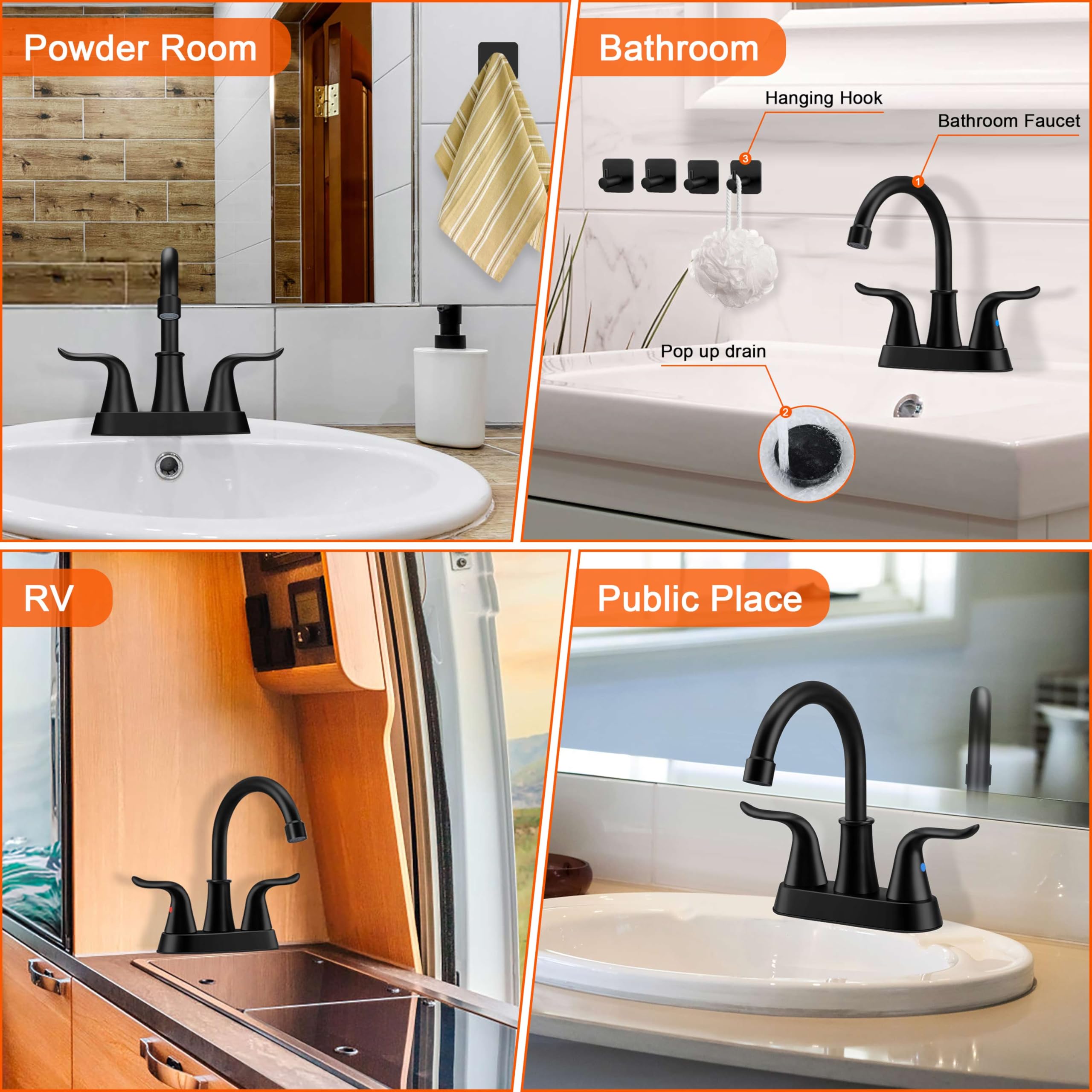 Bathroom Faucet for 3 Hole, Homikit 4 Inch 2-Handle Bathroom Sink Faucet, Matte Black Bathroom Faucets for Sink Vanity RV Lavatory, Stainless Steel Faucet for Bathroom Sink with Drain & Hoses & Hooks