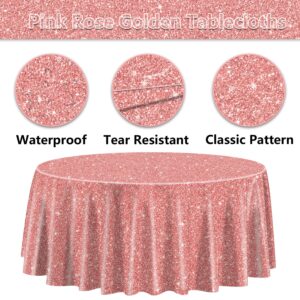 3 Pack Pink Rose Gold Tablecloths for Round Table, 84x84'' Rose Gold Sequin Printed Plastic Round Table Cover, Rose Gold Glitter Party Decorations for Girls Birthday Wedding Graduation Princess Party