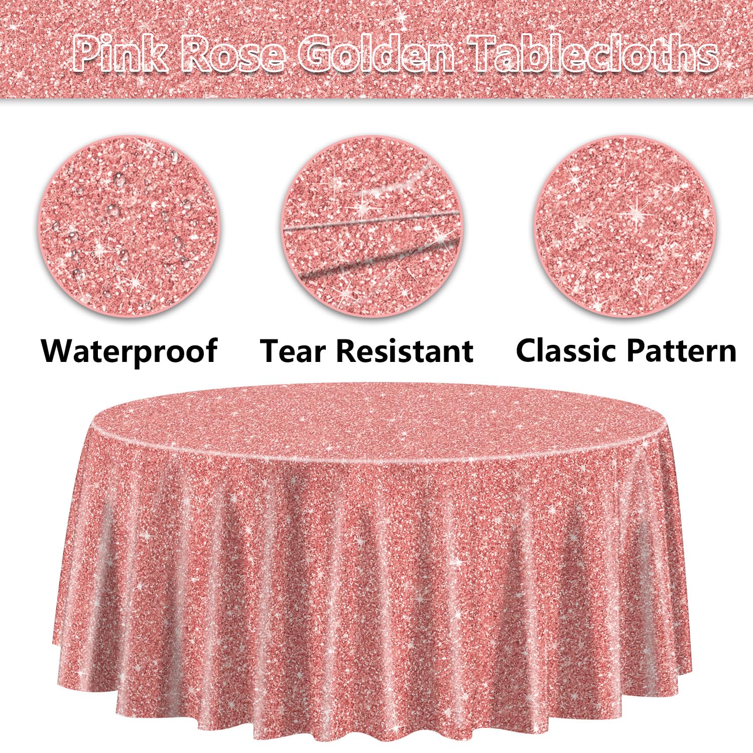 3 Pack Pink Rose Gold Tablecloths for Round Table, 84x84'' Rose Gold Sequin Printed Plastic Round Table Cover, Rose Gold Glitter Party Decorations for Girls Birthday Wedding Graduation Princess Party