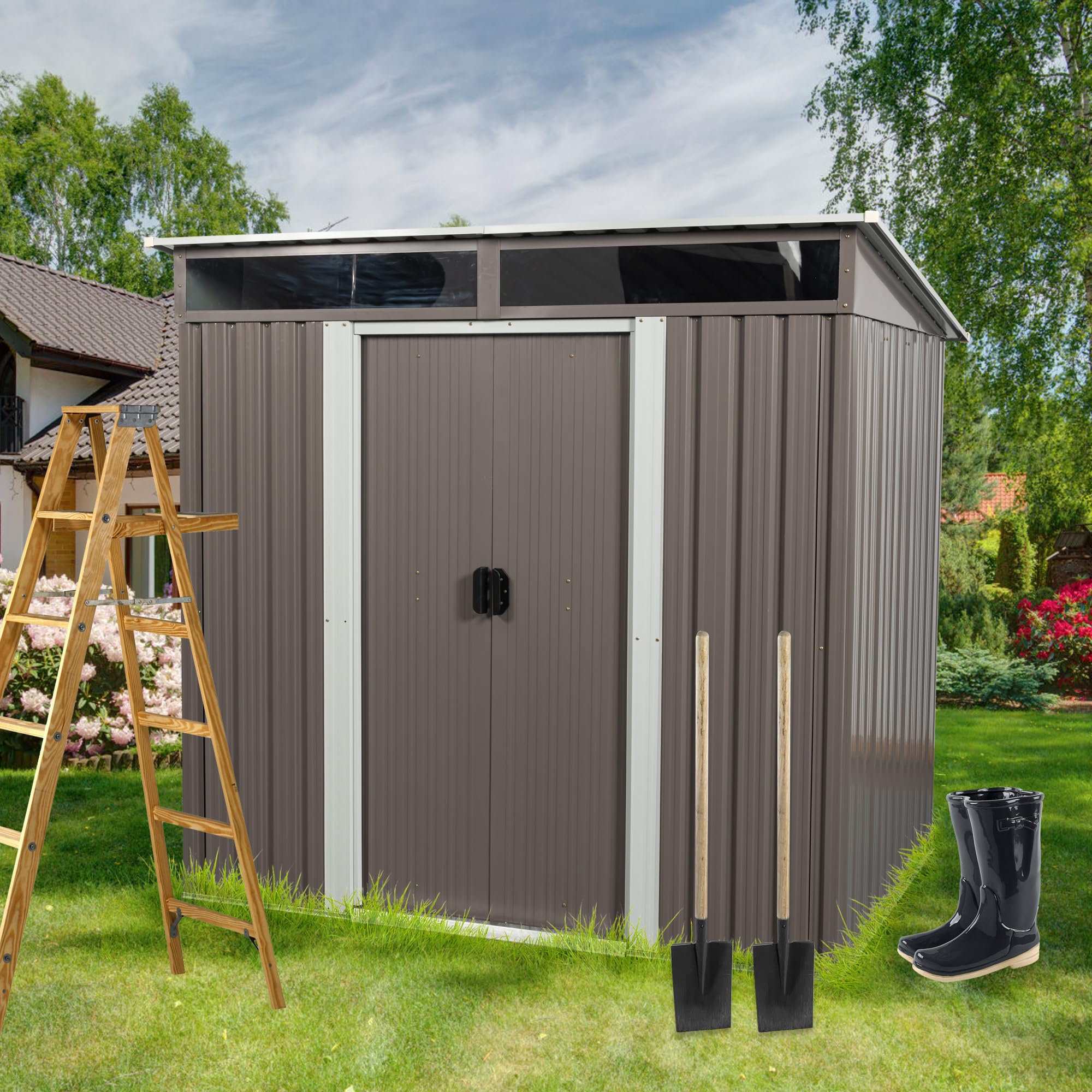 ACQCA 6 x 5 FT Outdoor Storage Shed with Punched Vents,Heavy Duty Metal Shed w/Sliding Doors & Padlock,Large Waterproof Tool Sheds for Garden,Backyard,Lawn,Easy Assembly,Grey