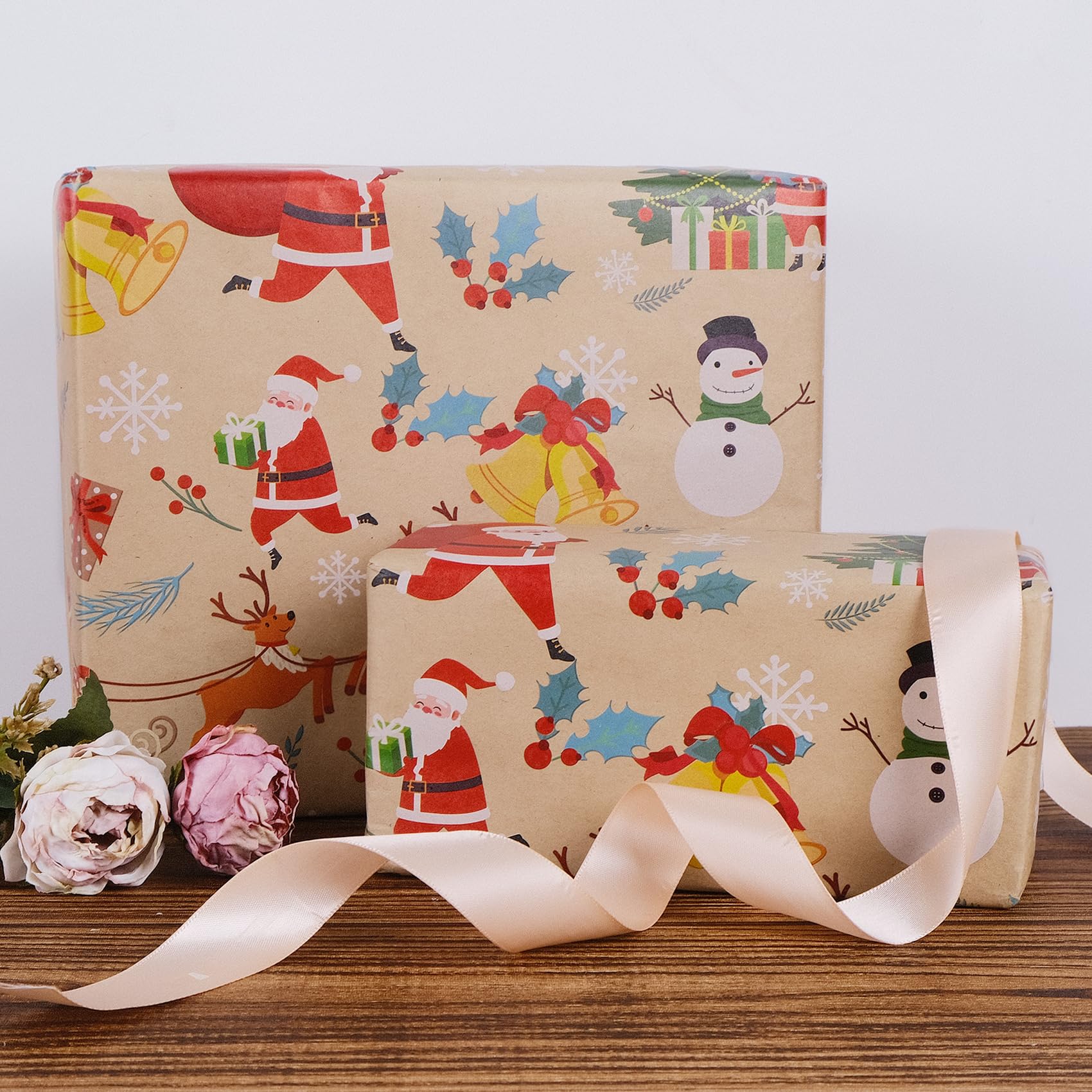 Aimyoo Santa Kraft Christmas Wrapping Paper Jumbo Roll, Reindeer Snowman Xmas Gift Wrap Paper 17 in x 60 ft