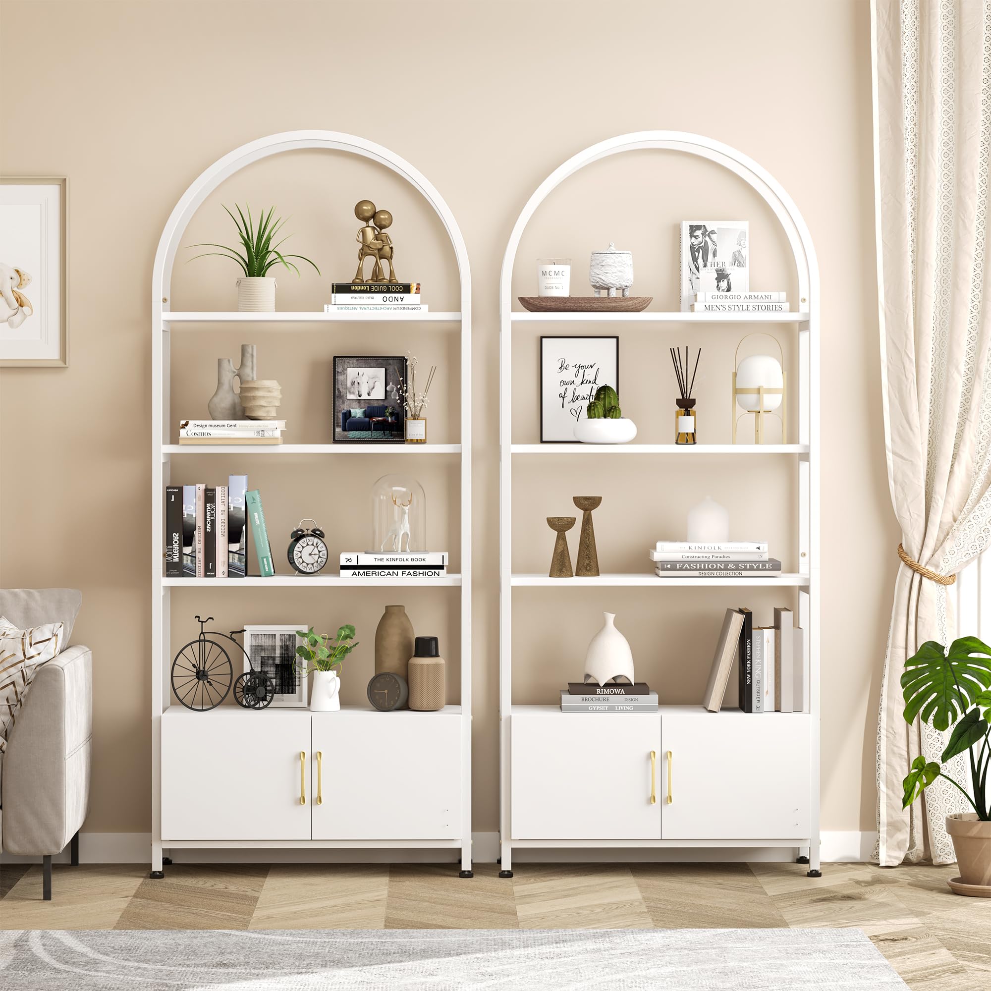 71.5" Tall Arched Bookshelf, 4-Tier Arched Bookcase with Doors Storage, Industrial Book Shelf with Sturdy Metal Frame and Shelves, Accent Cabinet with Storage for Living Room, Home Office, White