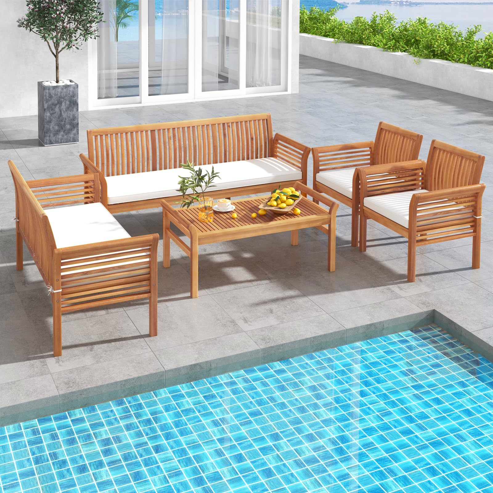 Tangkula 5 Piece Patio Furniture Set, Acacia Wood Conversation Set with 3-Seat Bench, Loveseat, 2 Armchairs & Coffee Table, Cushioned Outdoor Chair Set for Porch, Balcony (Off White)