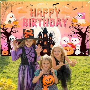 Lecheme Pink Halloween Birthday Backdrop Happy Birthday Halloween Banner Cute Halloween Backdrop for Girls Birthday Halloween Birthday Party Decorations