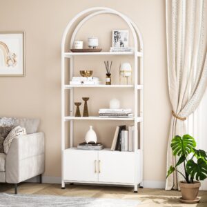 71.5" tall arched bookshelf, 4-tier arched bookcase with doors storage, industrial book shelf with sturdy metal frame and shelves, accent cabinet with storage for living room, home office, white