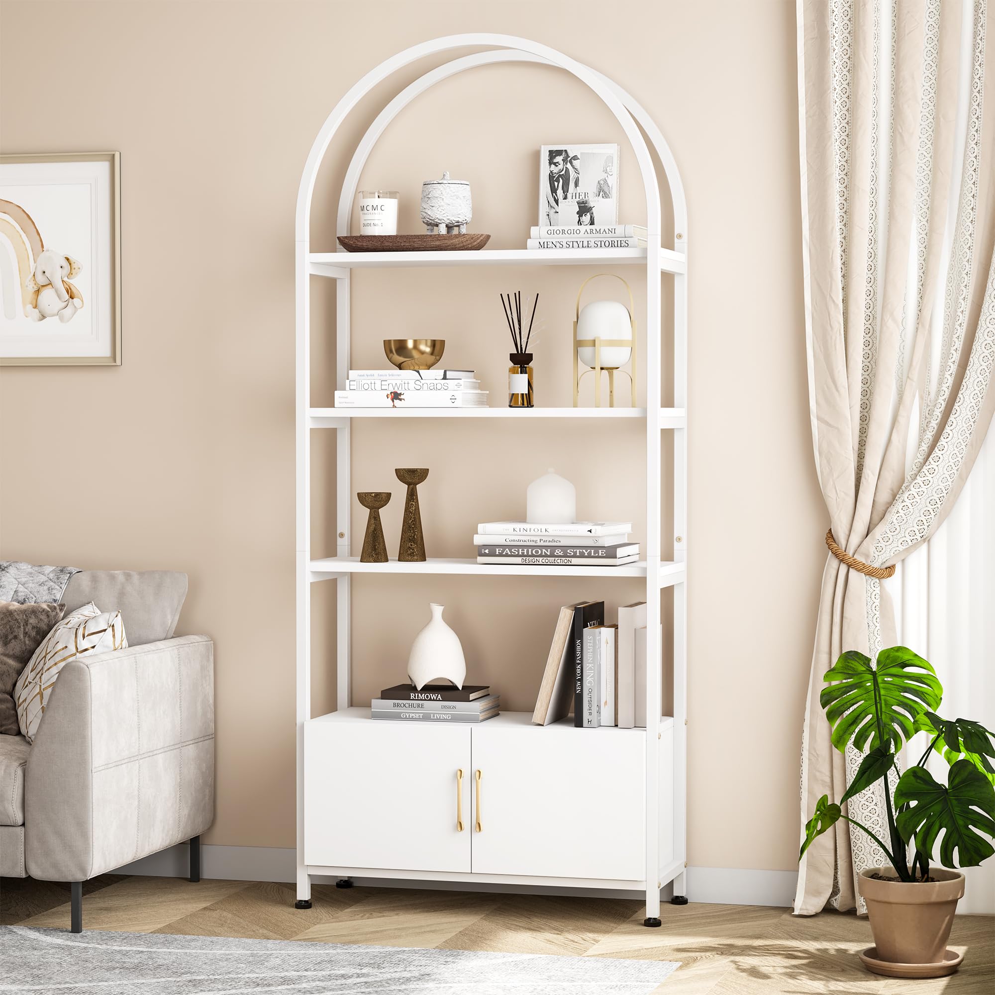 71.5" Tall Arched Bookshelf, 4-Tier Arched Bookcase with Doors Storage, Industrial Book Shelf with Sturdy Metal Frame and Shelves, Accent Cabinet with Storage for Living Room, Home Office, White