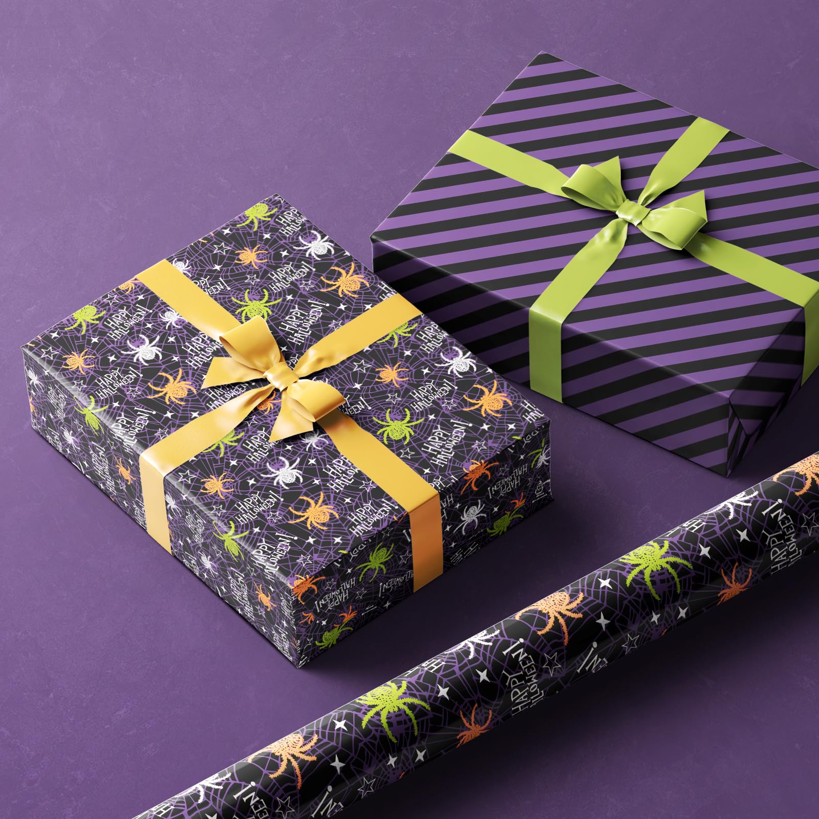 LDGOOAEL Halloween Mini Wrapping Paper Roll - Reversible Design (17 Inches X 32.8 Feet) - Fluorescent colored spiders & purple twill stripe