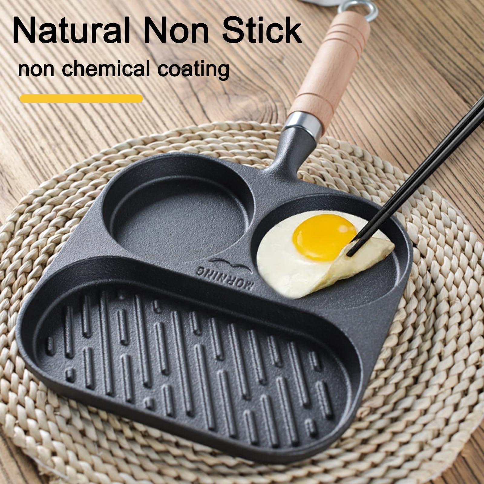 JUSTUP Nonstick Frying Pan,3-Section Cast Iron Egg Pan Divided Pan with Wooden Handle,3-in-1 Versatile Breakfast Pan,Mini Skillet Pan for Egg,Steak and Burgers (Black)