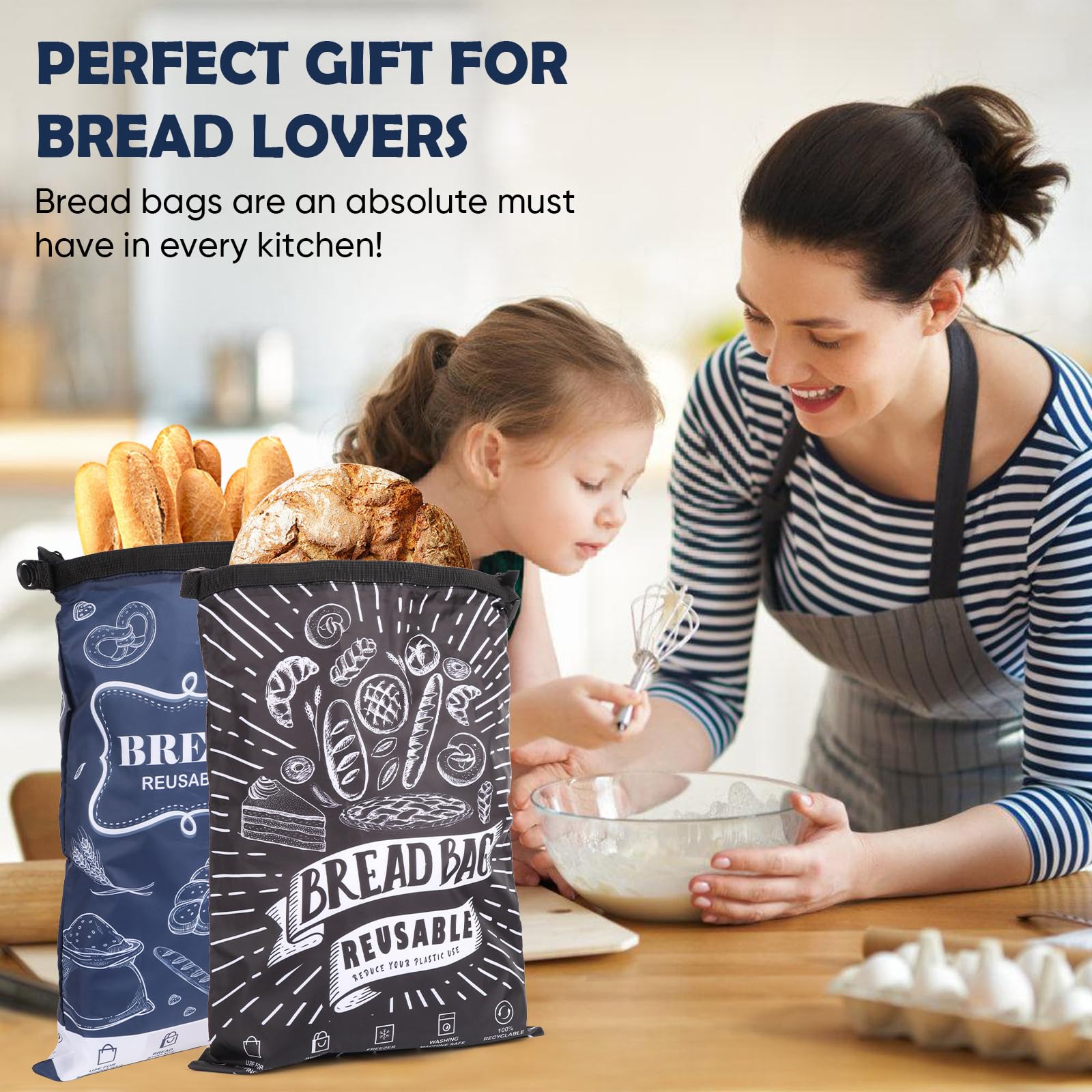 Bread Bag, 2 Packs Reusable Sourdough Storage Bag With Zipper for Homemade Bread - Large Freezer Container to Keep Bread Fresh (Black, L)