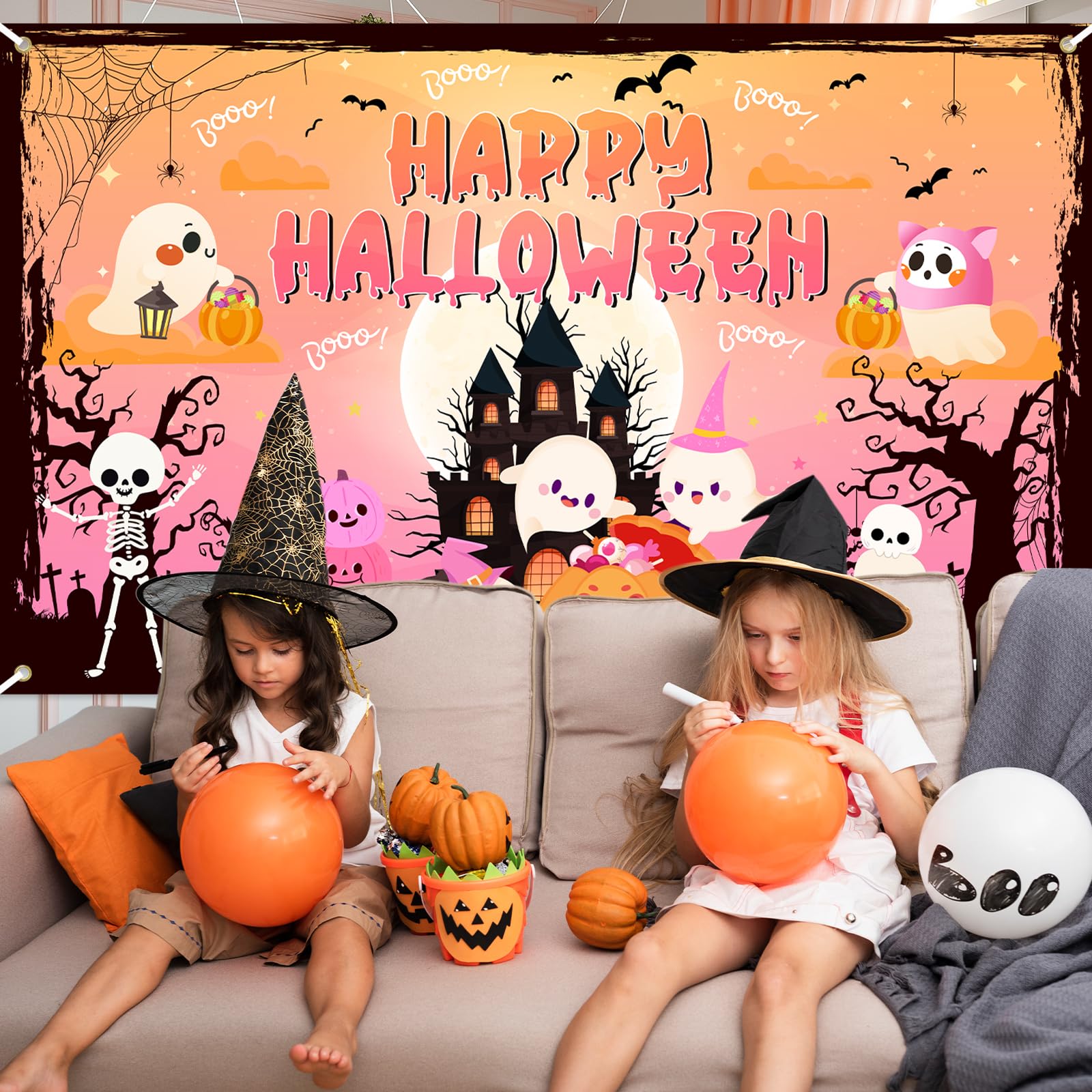 Lecheme Happy Halloween Backdrop Orange Pink Halloween Backdrop for Kids Cute Ghost Pumpkin Spooky Castle Halloween Banner Halloween Photo Booth Background