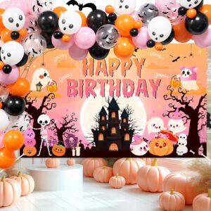 Lecheme Pink Halloween Birthday Backdrop Happy Birthday Halloween Banner Cute Halloween Backdrop for Girls Birthday Halloween Birthday Party Decorations