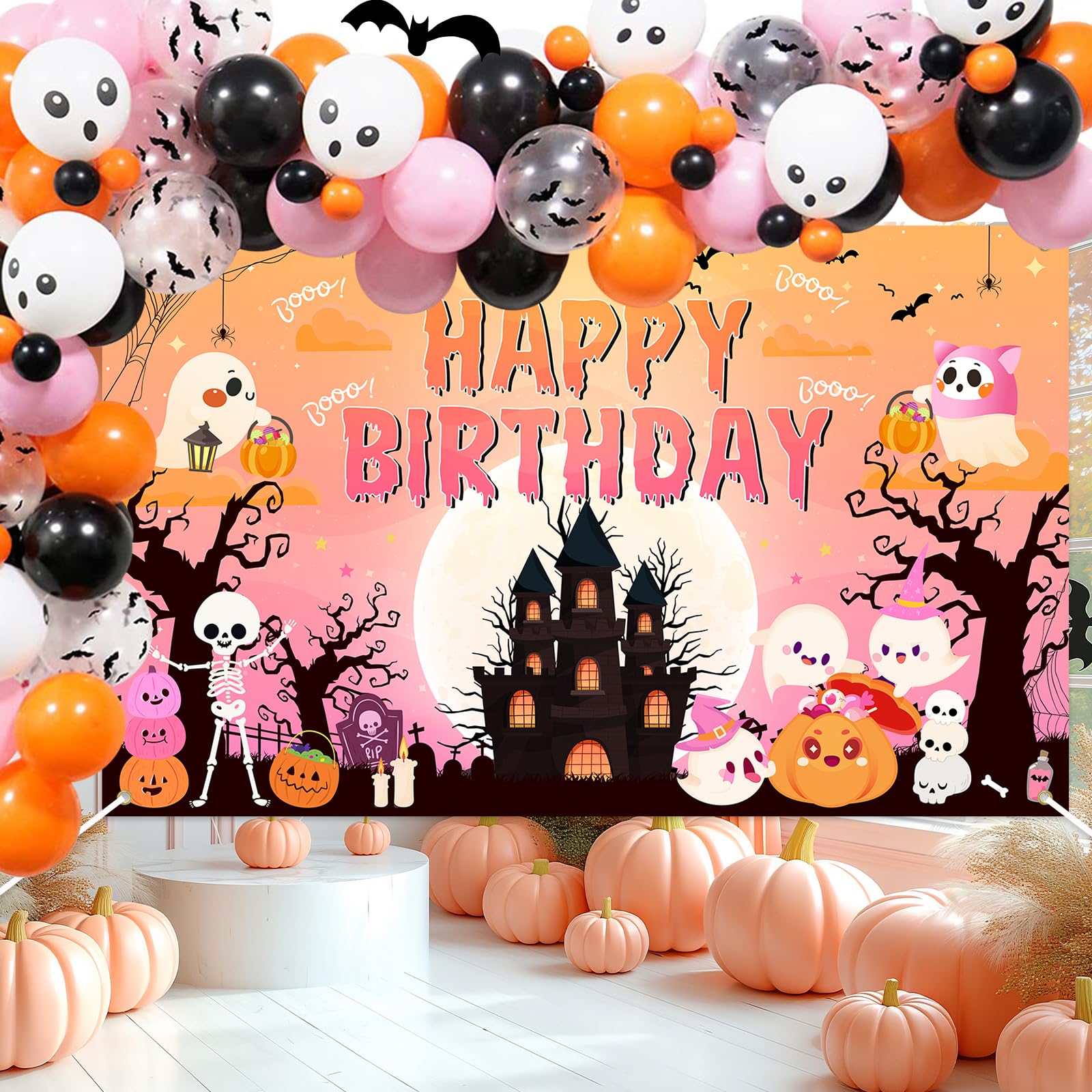 Lecheme Pink Halloween Birthday Backdrop Happy Birthday Halloween Banner Cute Halloween Backdrop for Girls Birthday Halloween Birthday Party Decorations