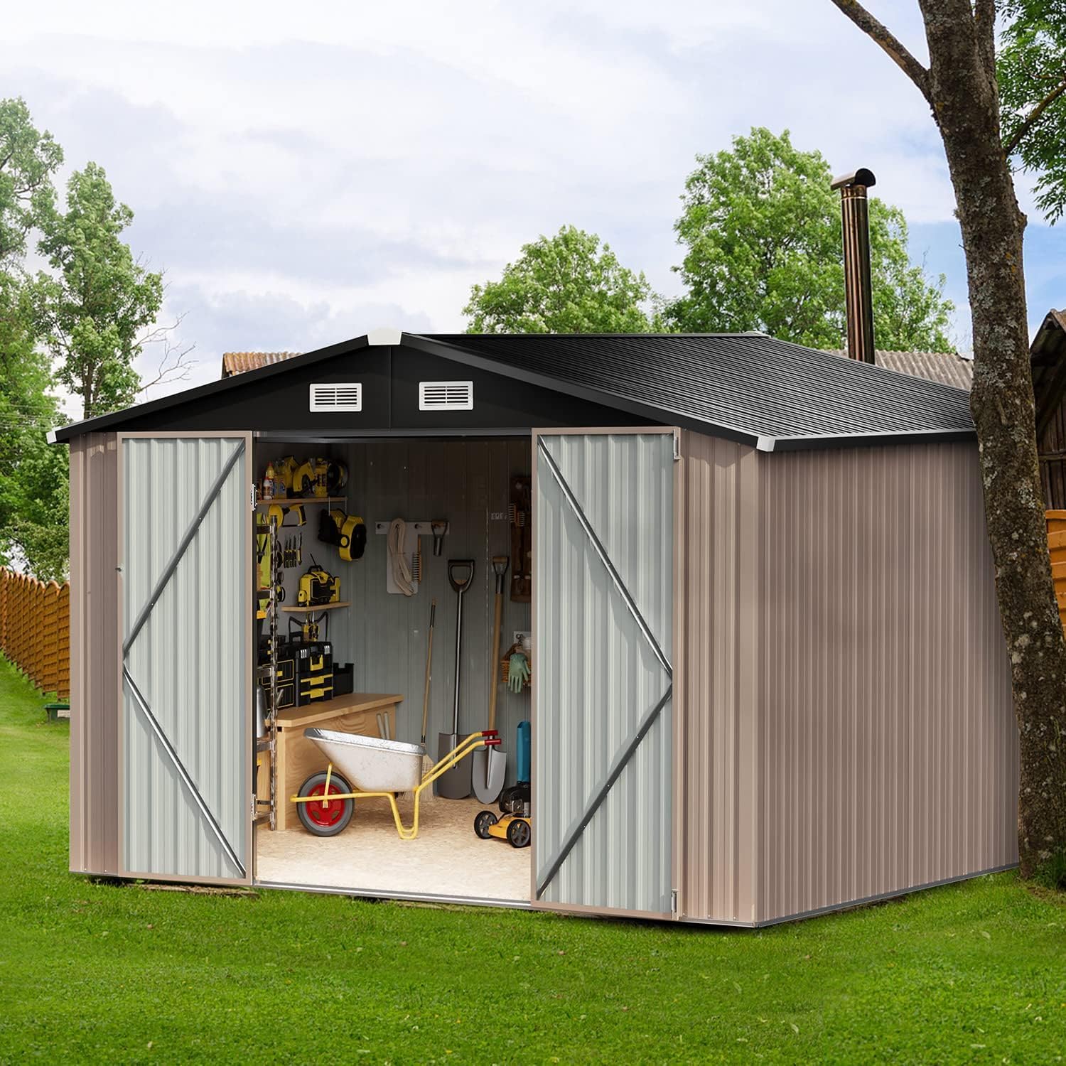 Breezestival Outdoor Storage Shed 7.6x9.7 FT, Utility Steel Tool Shed with Lockable Air Vents and Door, Galvanized Metal Shed for Backyard, Garden, Patio and Lawn (Brown)