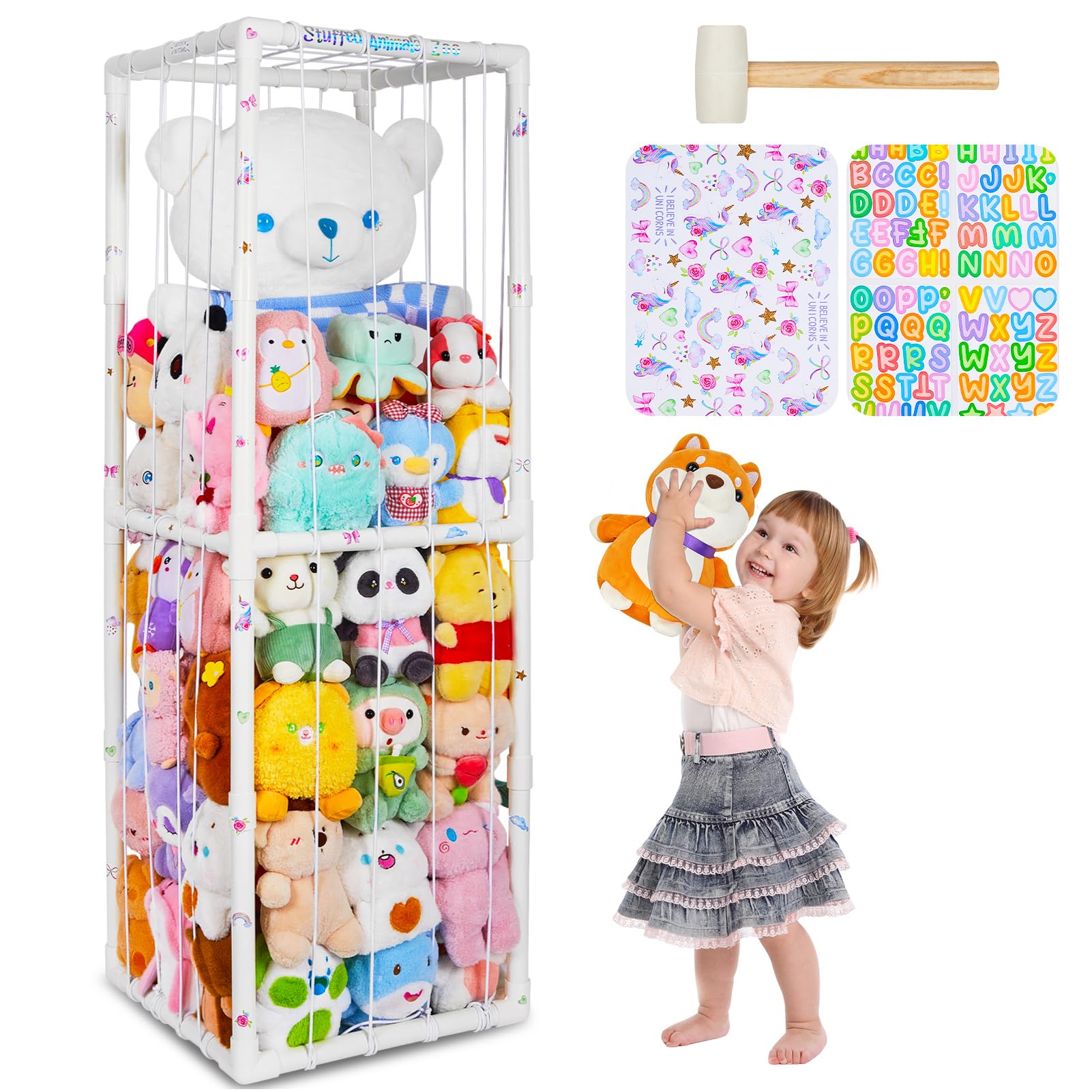 FIOBEE Stuffed Animals Storage Zoo Thicken PVC Tube Kids Toy Storage Organizer with Elastic Band Large Stuffed Animals Holder for Nursery Playroom Bedroom Room Furniture Plush Storage, White