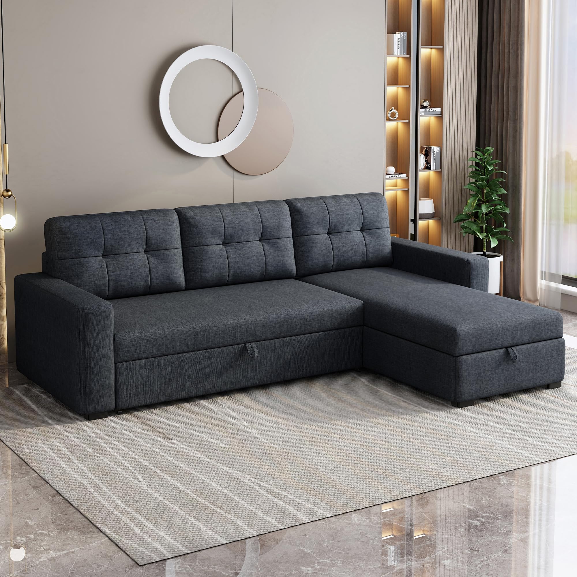 ACQCA 81.5" Sectional Sleeper Sofa with Storage Chaise, L Shaped Pull Out Couch Bed with 3 Removable Back Cushion for Living Room,Apartment,Office,Dark Grey