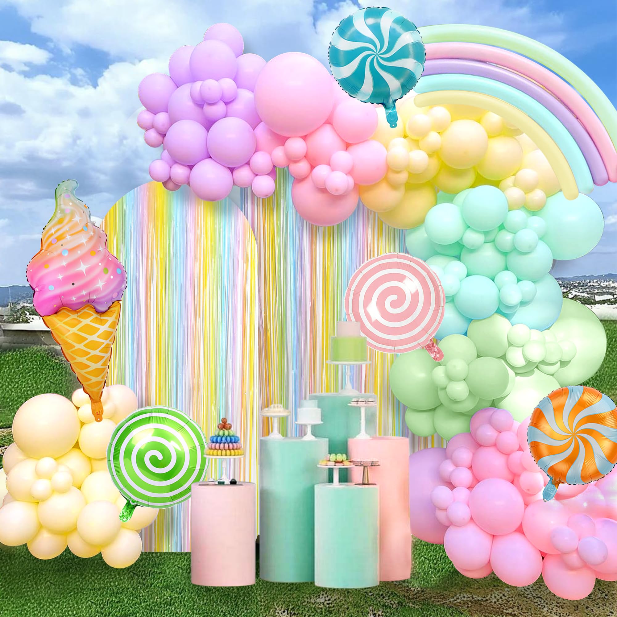 169 PCS Sweet Candy Balloon Garland Arch Kit 5/10/18 Inch Pastel Rainbow Latex Balloons Lollipop Ice Cream Foil Balloons for Candyland Party Girl Boy Birthday Party Baby Shower Decorations