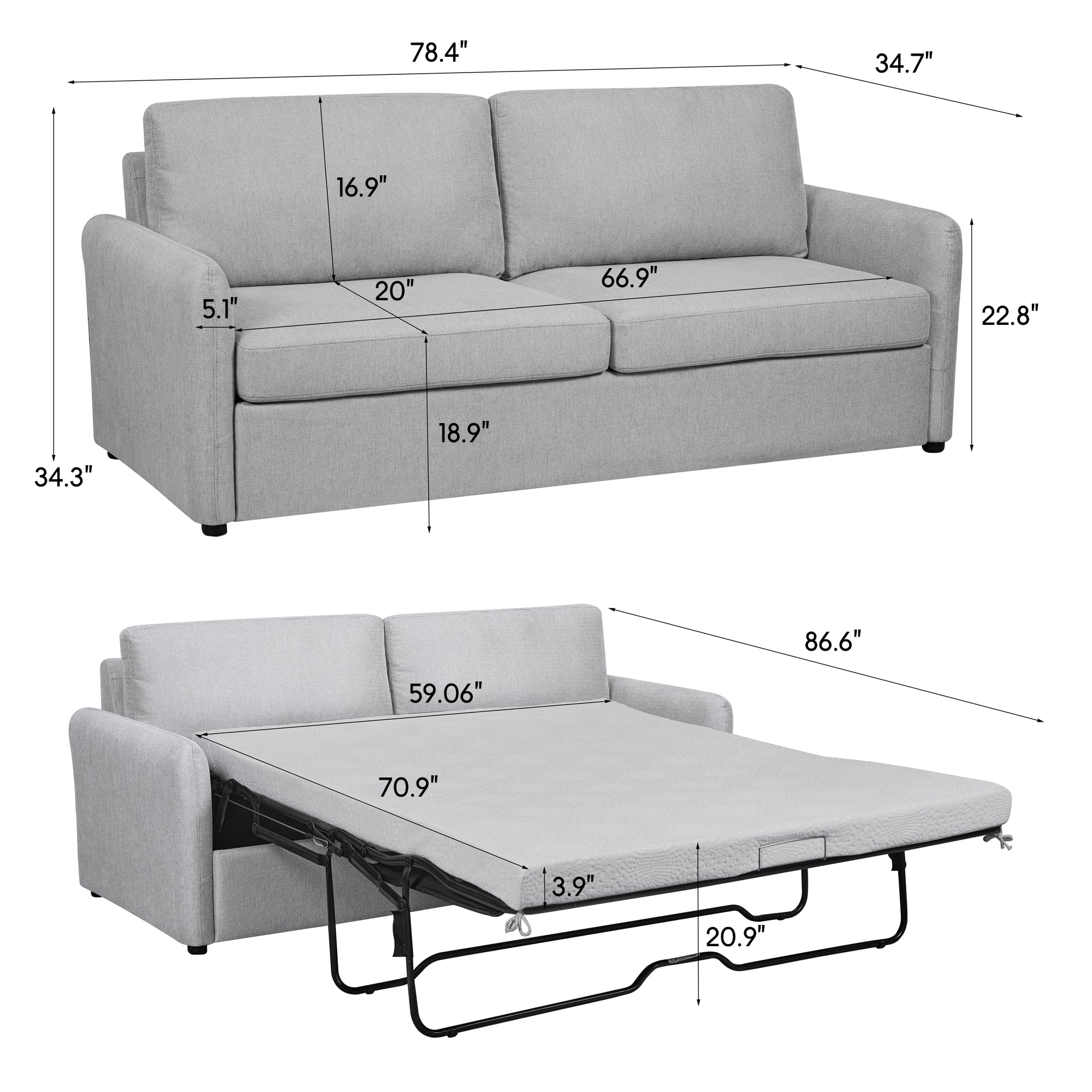 SumKea 78'' Sleeper Bed Couch Convertible Loveseat Plush Seat Cushions and Backrests, Lounge Sofa for Living Room, Apartment, Light Gray