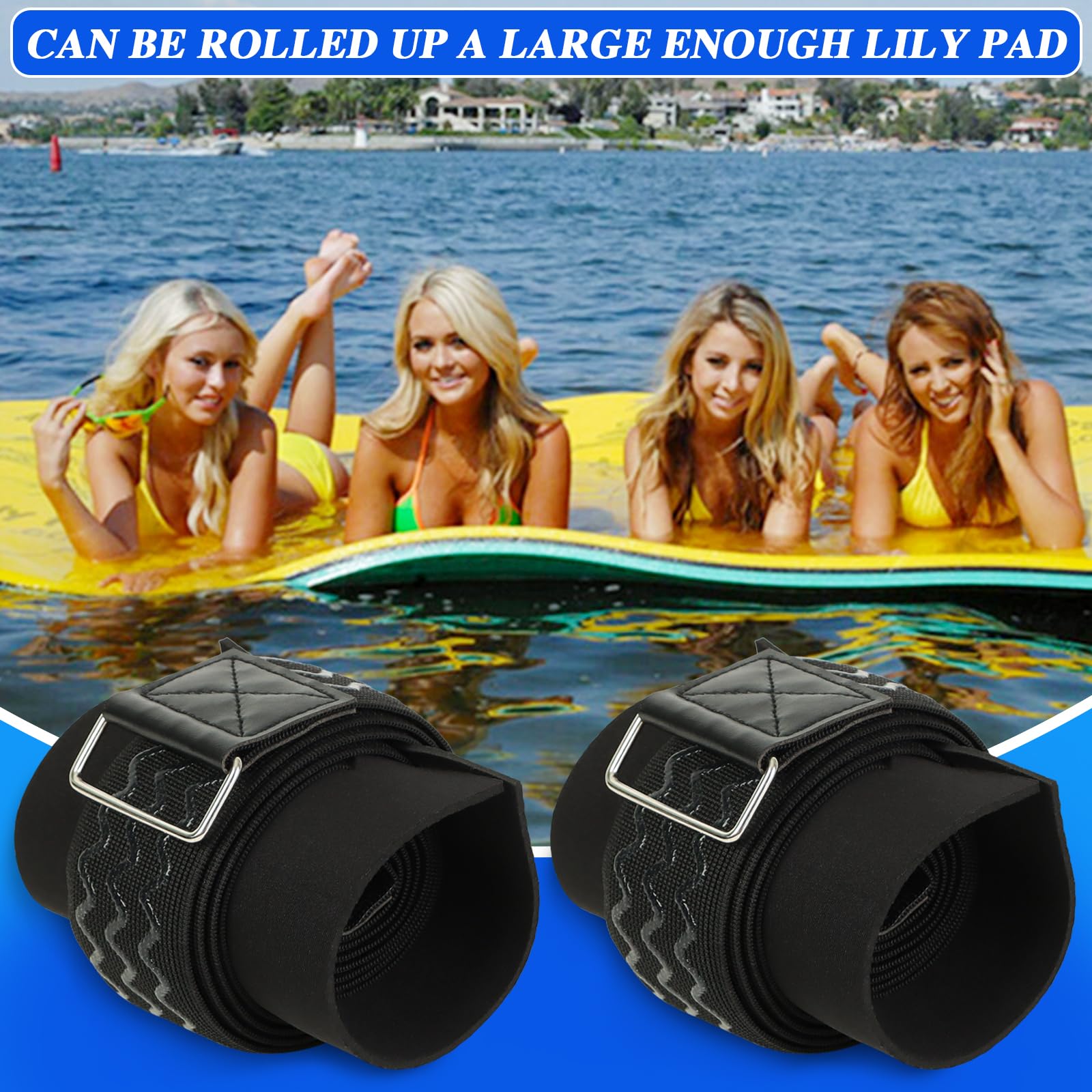 2Pcs Floating Water Mat Straps with Pad Protectors, Water Pad Storage Straps with Elastic and Anti-Slip Strips, Reusable Metal Buckle Nylon Cinch Securing Straps for Most Water Pad Mats (90 inch)