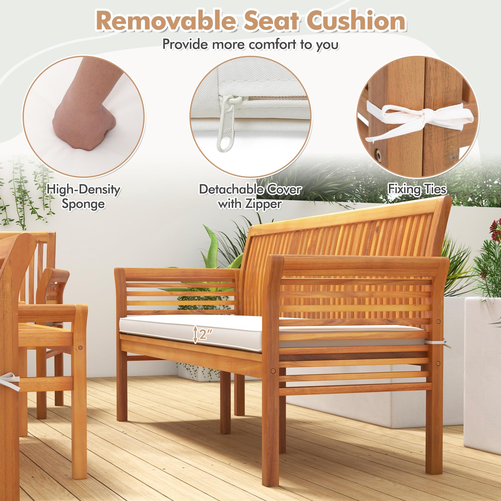 Tangkula 5 Piece Patio Furniture Set, Acacia Wood Conversation Set with 3-Seat Bench, Loveseat, 2 Armchairs & Coffee Table, Cushioned Outdoor Chair Set for Porch, Balcony (Off White)