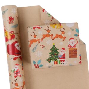 aimyoo santa kraft christmas wrapping paper jumbo roll, reindeer snowman xmas gift wrap paper 17 in x 60 ft