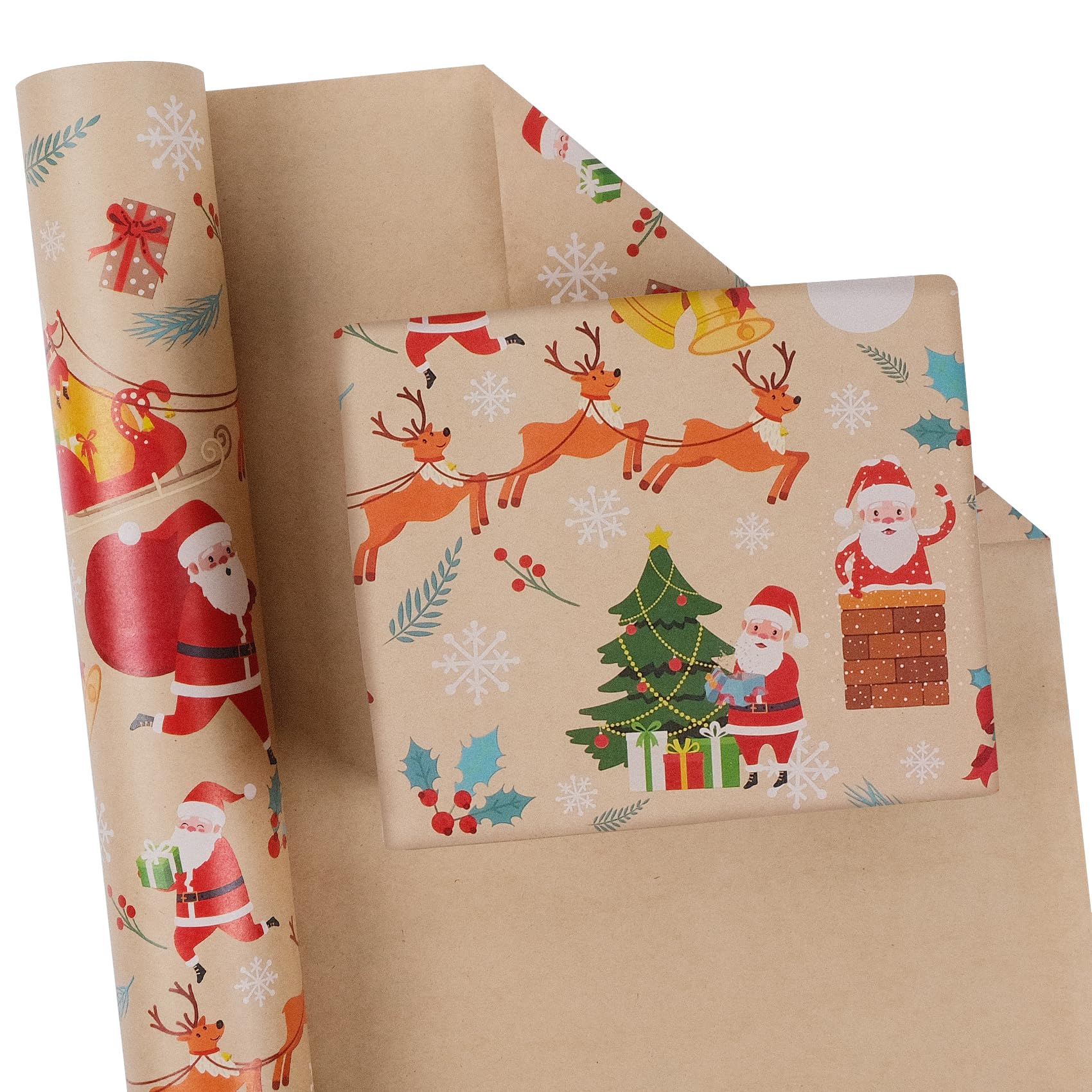 Aimyoo Santa Kraft Christmas Wrapping Paper Jumbo Roll, Reindeer Snowman Xmas Gift Wrap Paper 17 in x 60 ft