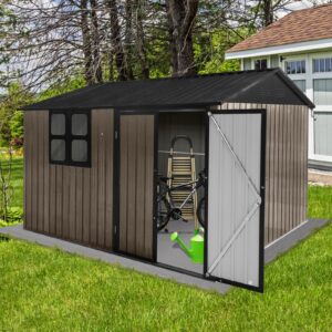 ACQCA 10FTx8FT Outdoor Metal Storage Garden Sheds with Window and Punched Vents,Galvanized Garden Gazebos Shed,w/Hinged Door & Padlock,for Storing Bicycles,Lawnmowers,Easy to Assemble,Brown