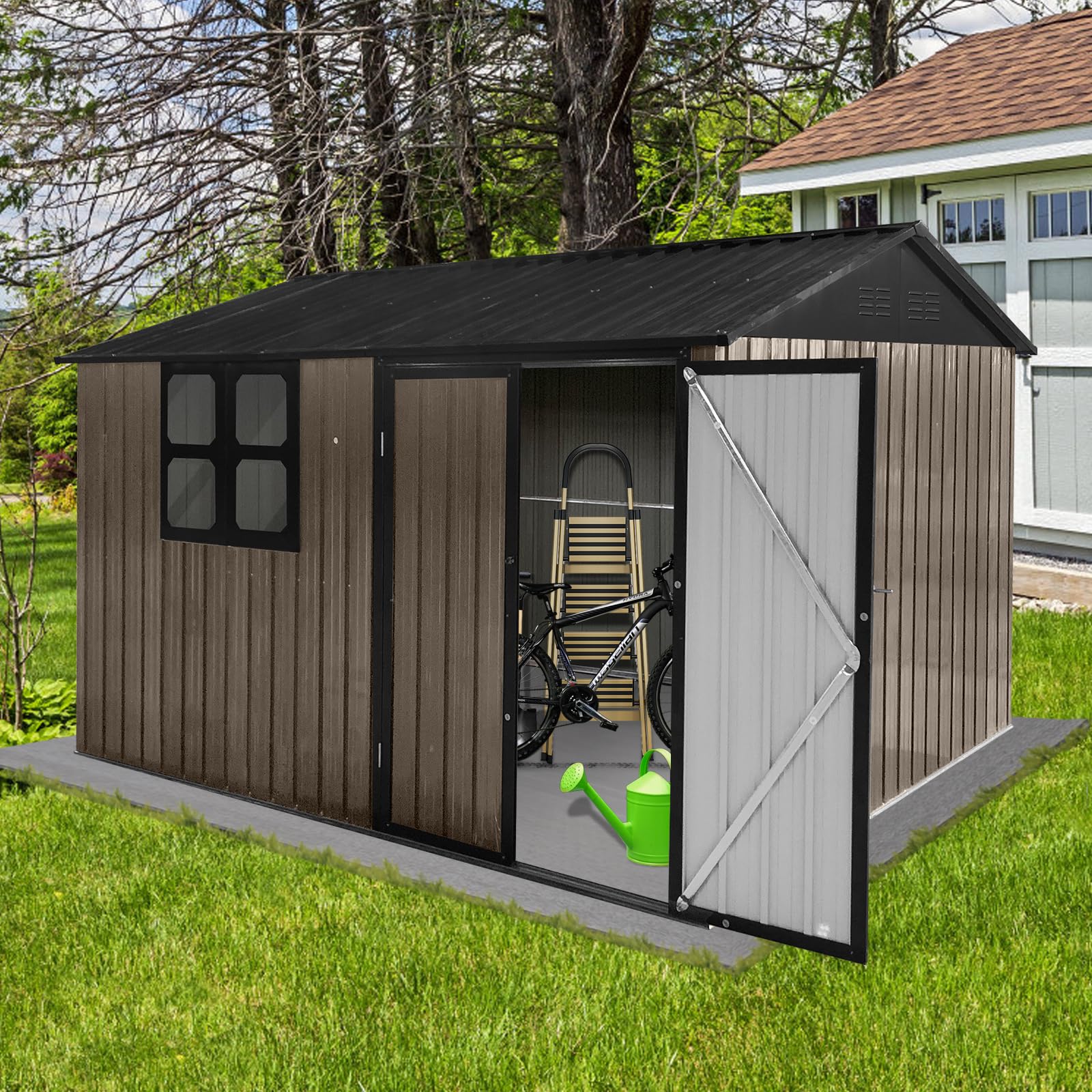 ACQCA 10FTx8FT Outdoor Metal Storage Garden Sheds with Window and Punched Vents,Galvanized Garden Gazebos Shed,w/Hinged Door & Padlock,for Storing Bicycles,Lawnmowers,Easy to Assemble,Brown