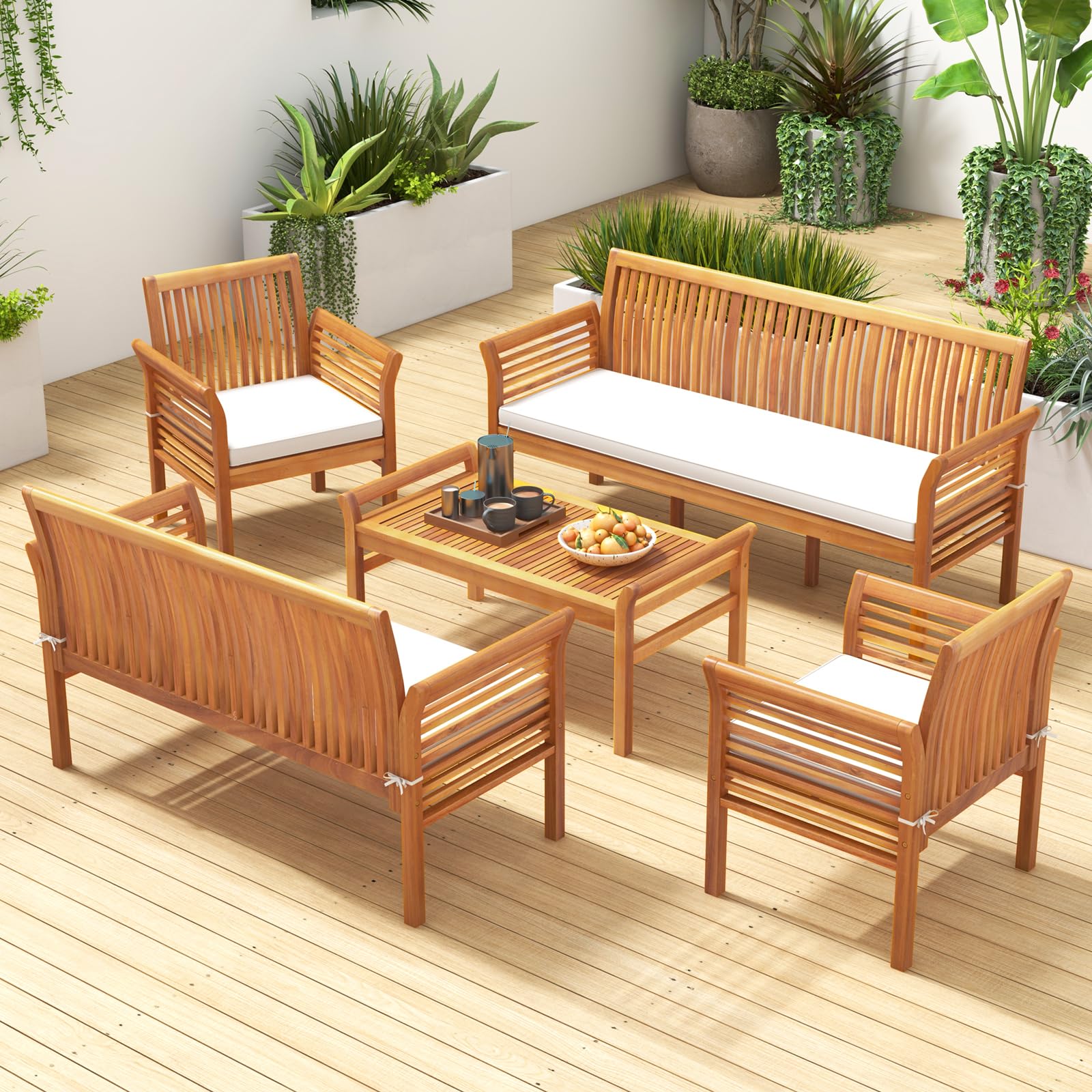 Tangkula 5 Piece Patio Furniture Set, Acacia Wood Conversation Set with 3-Seat Bench, Loveseat, 2 Armchairs & Coffee Table, Cushioned Outdoor Chair Set for Porch, Balcony (Off White)