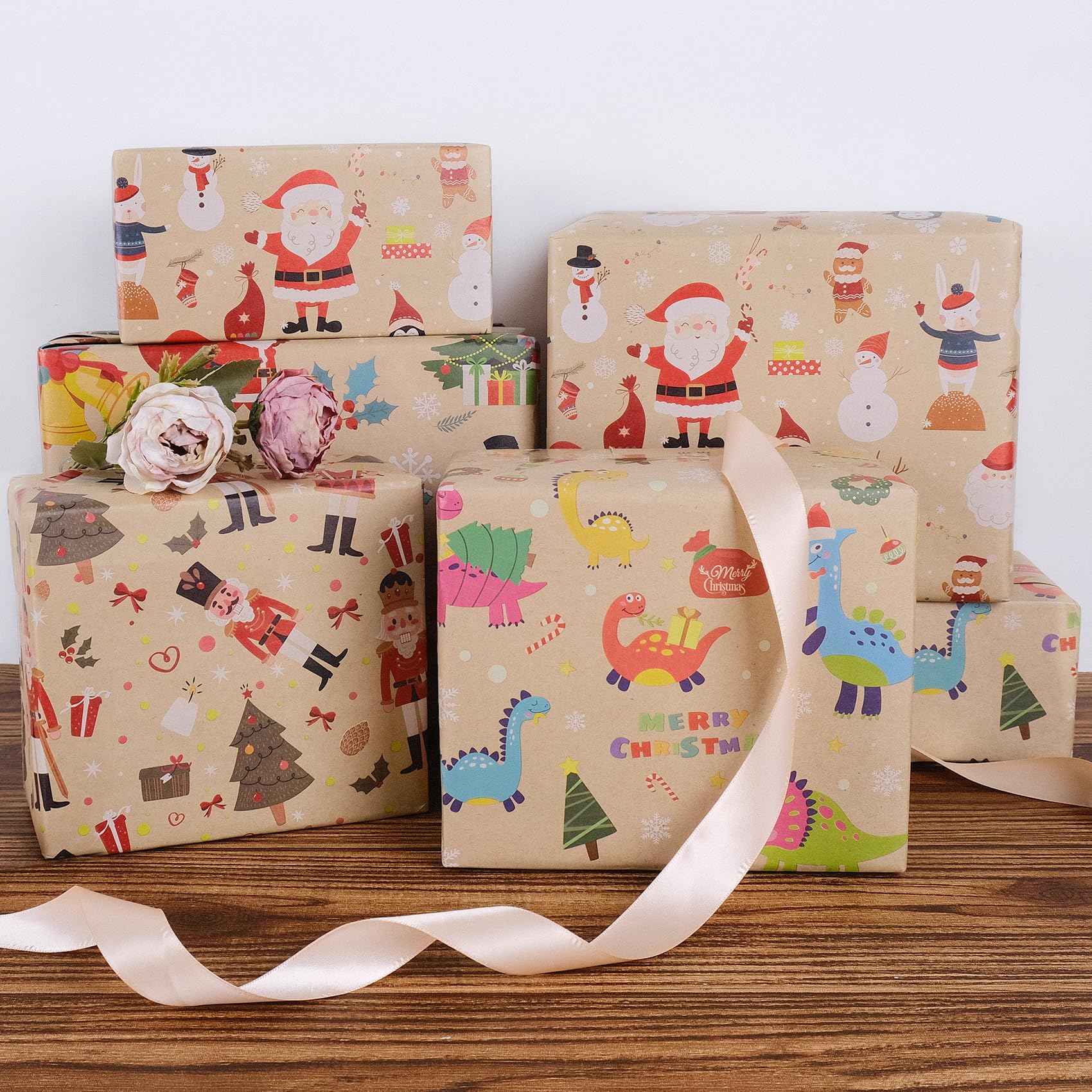 Aimyoo Santa Kraft Christmas Wrapping Paper Jumbo Roll, Reindeer Snowman Xmas Gift Wrap Paper 17 in x 60 ft