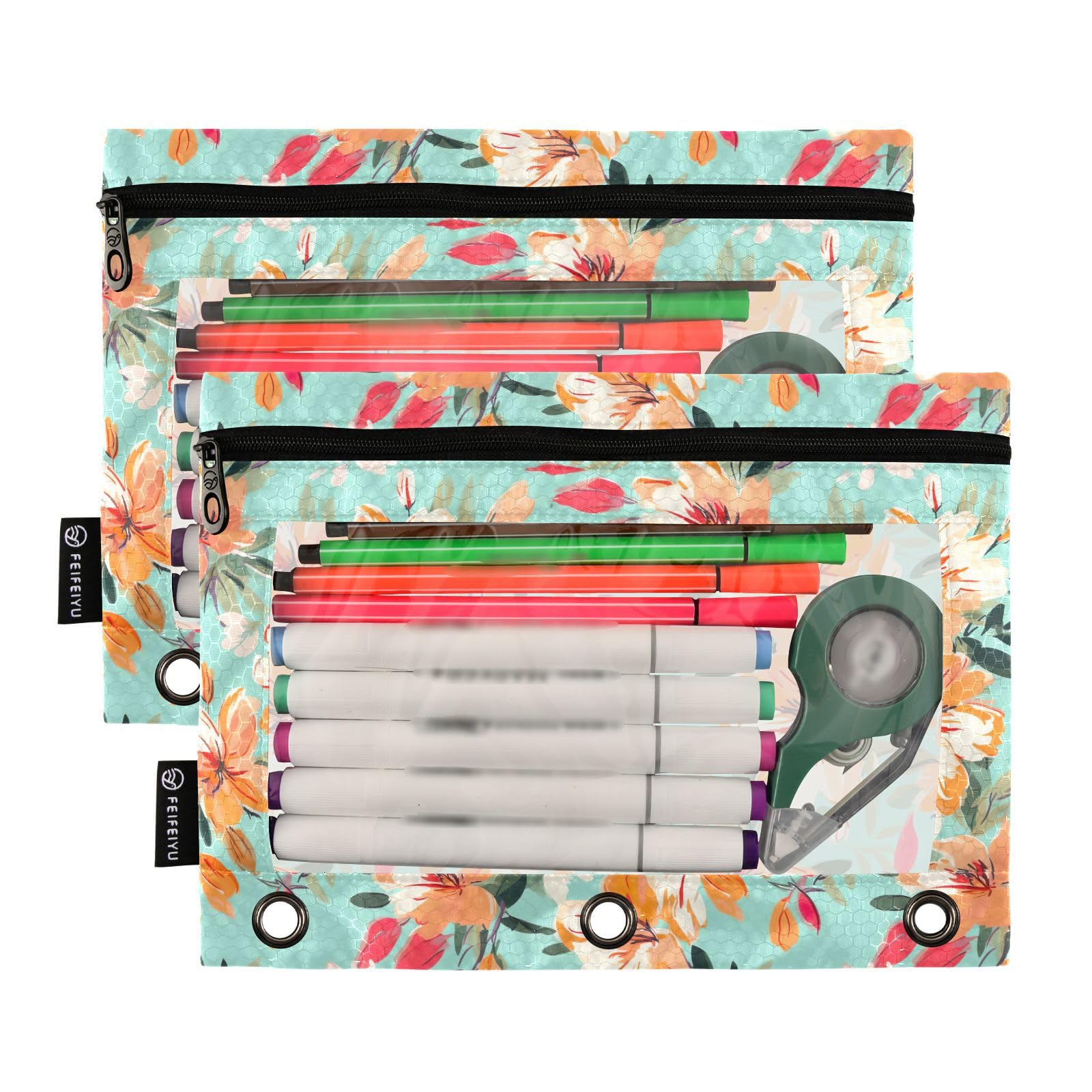 Watercolor Floral Flowers Pencil Pouch for 3 Ring Binder Pencil Bag Bags with Zipper Clear Pencil Case Pouch Cute Pen Pencil Pouch Cases for College Kit Office Supplies 2 Pack