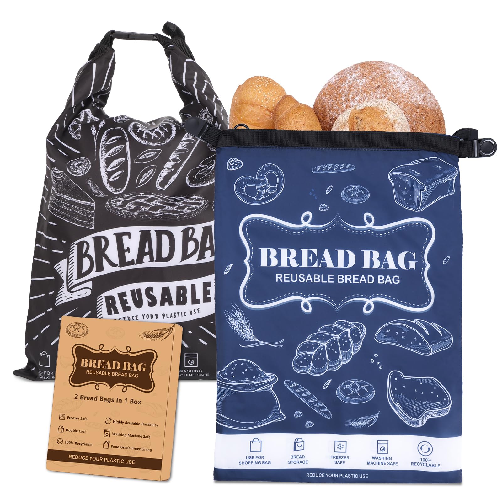 Bread Bag, 2 Packs Reusable Sourdough Storage Bag With Zipper for Homemade Bread - Large Freezer Container to Keep Bread Fresh (Black, L)