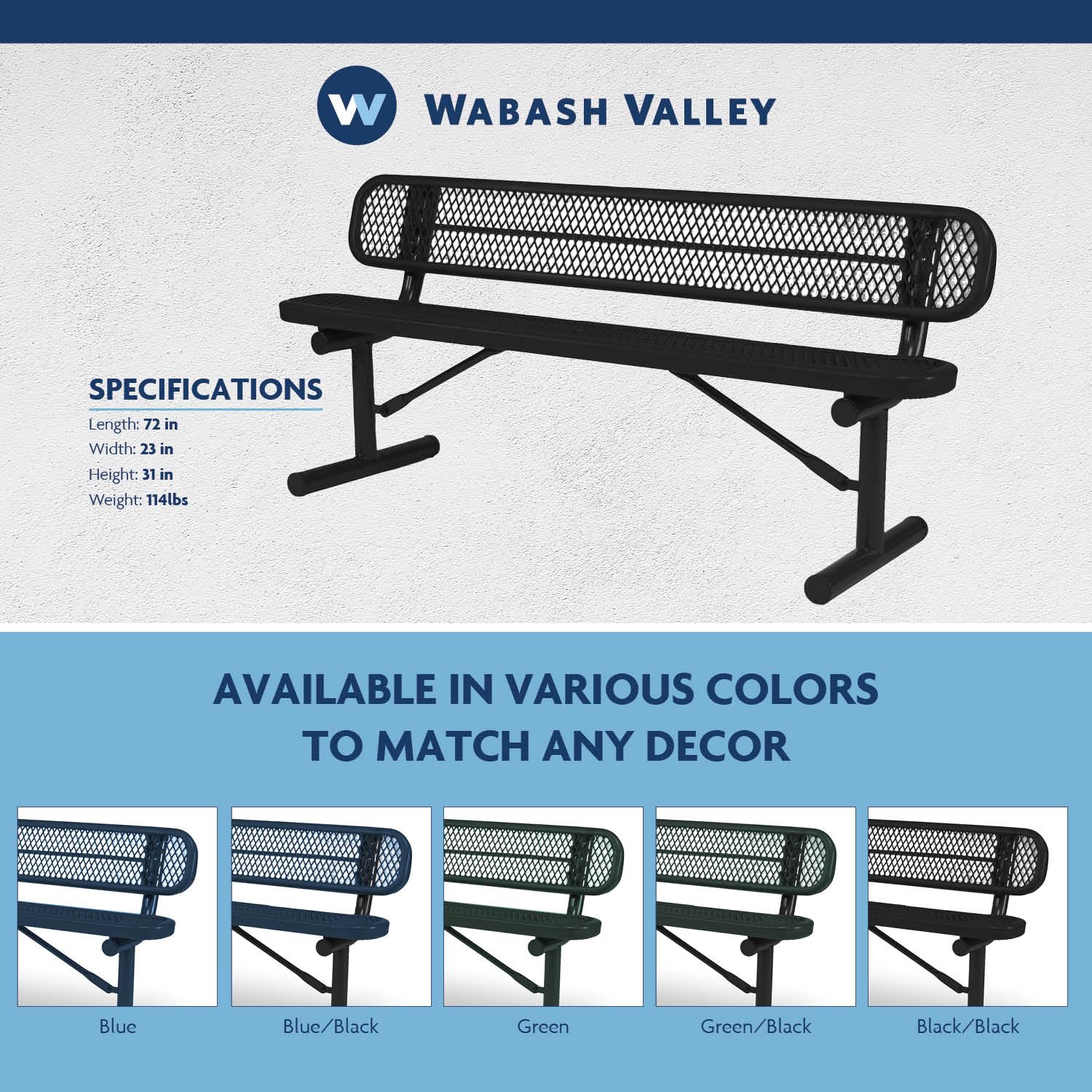 Wabash Valley 6-Foot Commercial Outdoor Bench with Backing | Diamond Pattern | Extremely Durable Plastisol Coated | Lifetime Outdoor Use | Withstands All Weather Conditions | Signature Collection