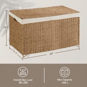 PrimeZone Double Storage Basket With Lid - 160L(42.3 Gallon) Seagrass Woven Rattan Laundry Hamper, Large Foldable Toy Box Blanket Storage Bin Trunk with Removable Liner for Bedroom, Bathoom, Natural