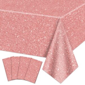 4 pack pink rose gold tablecloths, 51x87'' rose gold sequin printed plastic table cover, rose gold glitter birthday background decorations for girls birthday wedding graduation princess party supplies