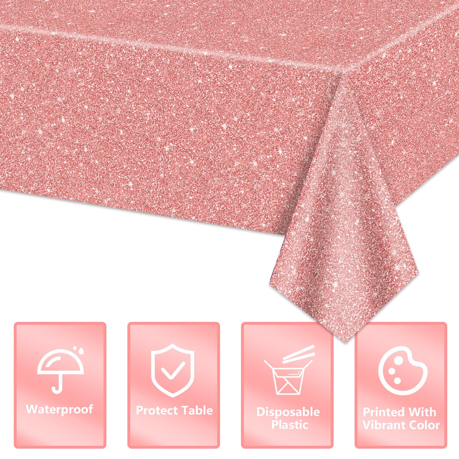 4 Pack Pink Rose Gold Tablecloths, 51x87'' Rose Gold Sequin Printed Plastic Table Cover, Rose Gold Glitter Birthday Background Decorations for Girls Birthday Wedding Graduation Princess Party Supplies