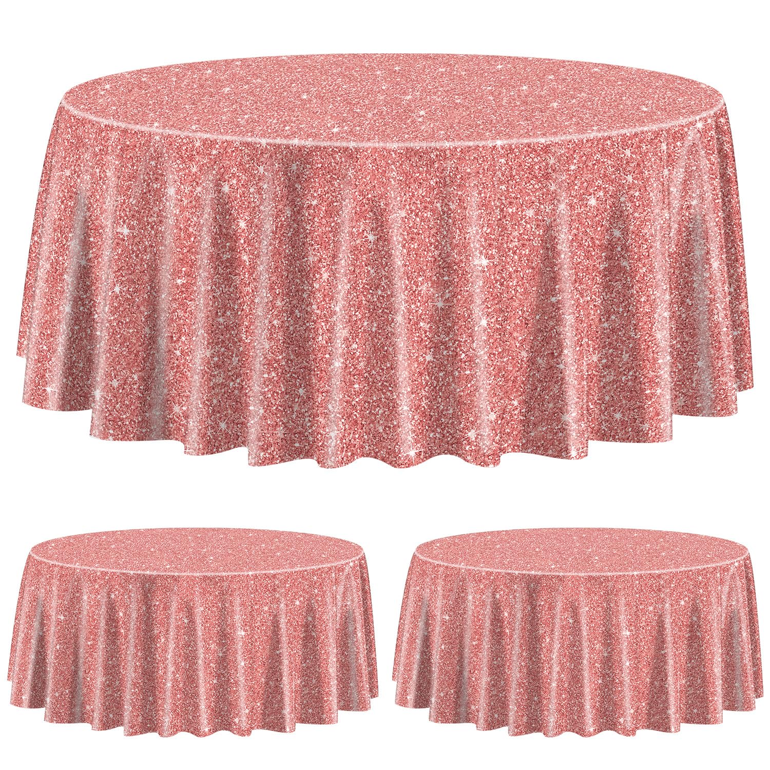 3 Pack Pink Rose Gold Tablecloths for Round Table, 84x84'' Rose Gold Sequin Printed Plastic Round Table Cover, Rose Gold Glitter Party Decorations for Girls Birthday Wedding Graduation Princess Party