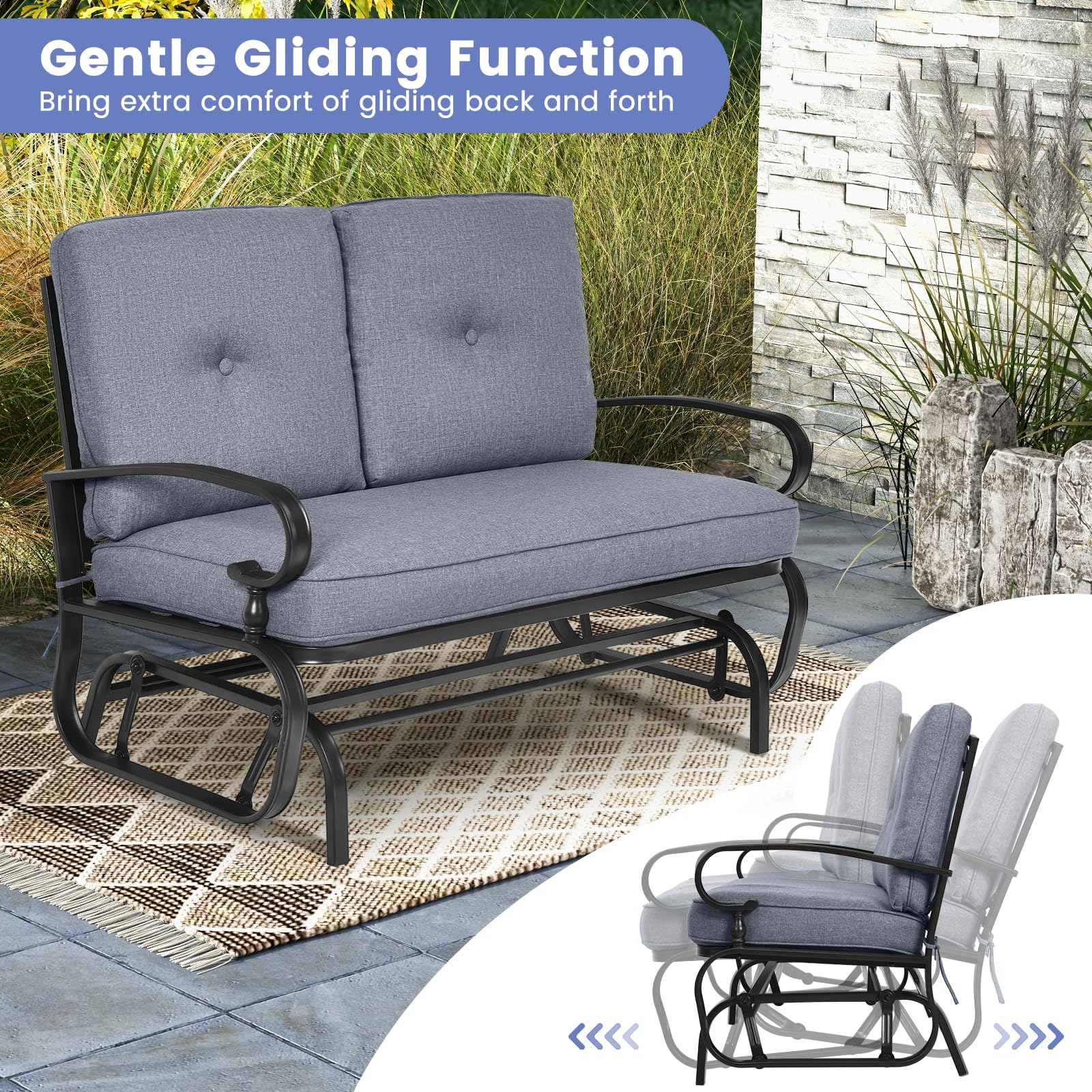 Tangkula Outdoor Swing Glider Chair, Patio Glider Bench for 2 Persons, Outdoor Rocking Loveseat with Steel Frame & Comfortable Cushions for Garden, Porch, Balcony, Poolside (Grey)