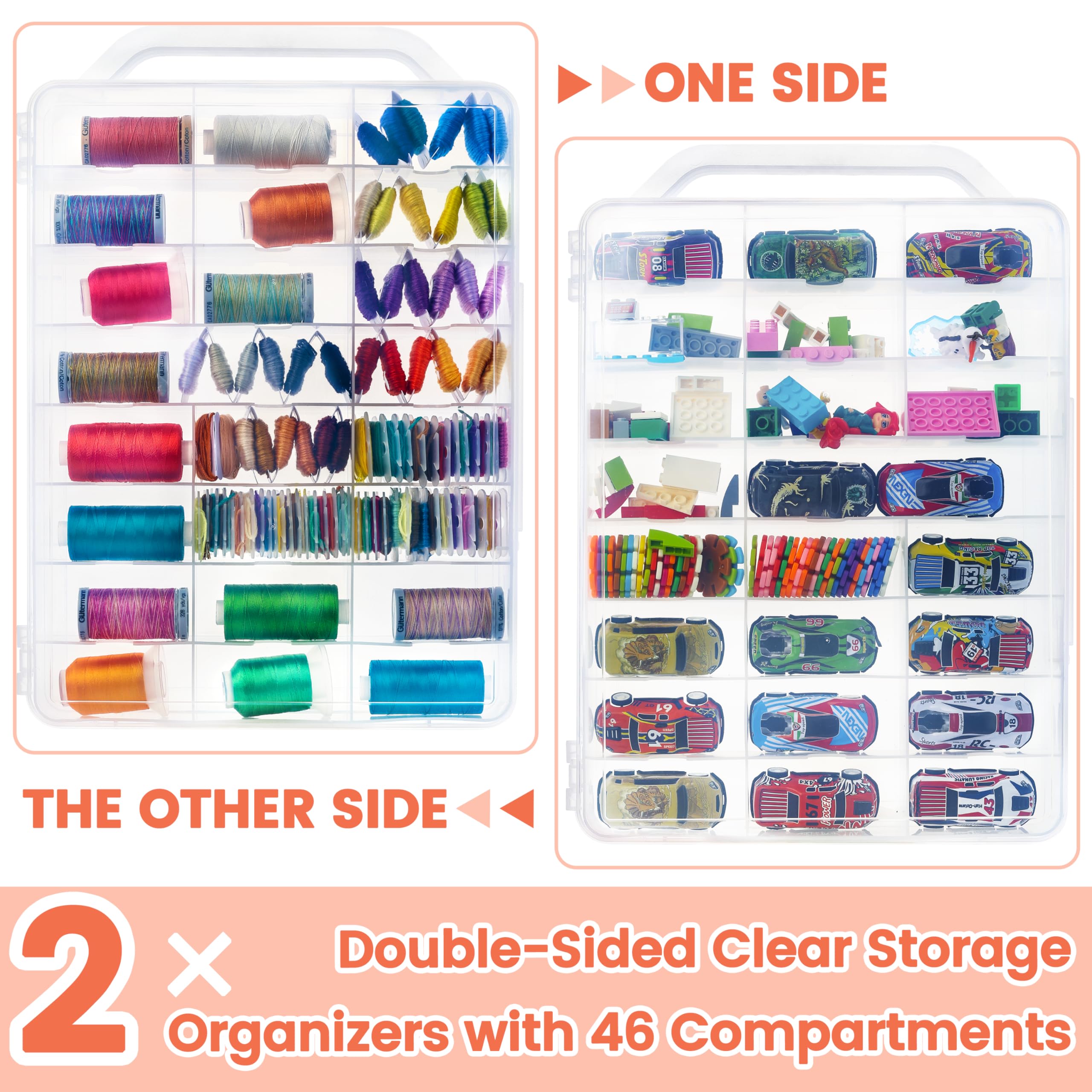 New brothread Pack of 2 Double-Sided Sewing Organizers, Thread Storage Boxes with 2x46 Grids, Clear Organizer Boxes for Embroidery Sewing Thread, Embroidery Floss, Needle, Beads, Small Crafts,Toy Cars