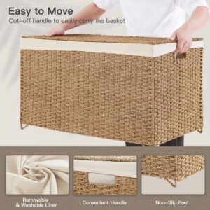 PrimeZone Double Storage Basket With Lid - 160L(42.3 Gallon) Seagrass Woven Rattan Laundry Hamper, Large Foldable Toy Box Blanket Storage Bin Trunk with Removable Liner for Bedroom, Bathoom, Natural