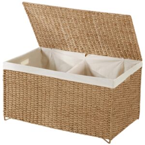 primezone double storage basket with lid - 160l(42.3 gallon) seagrass woven rattan laundry hamper, large foldable toy box blanket storage bin trunk with removable liner for bedroom, bathoom, natural