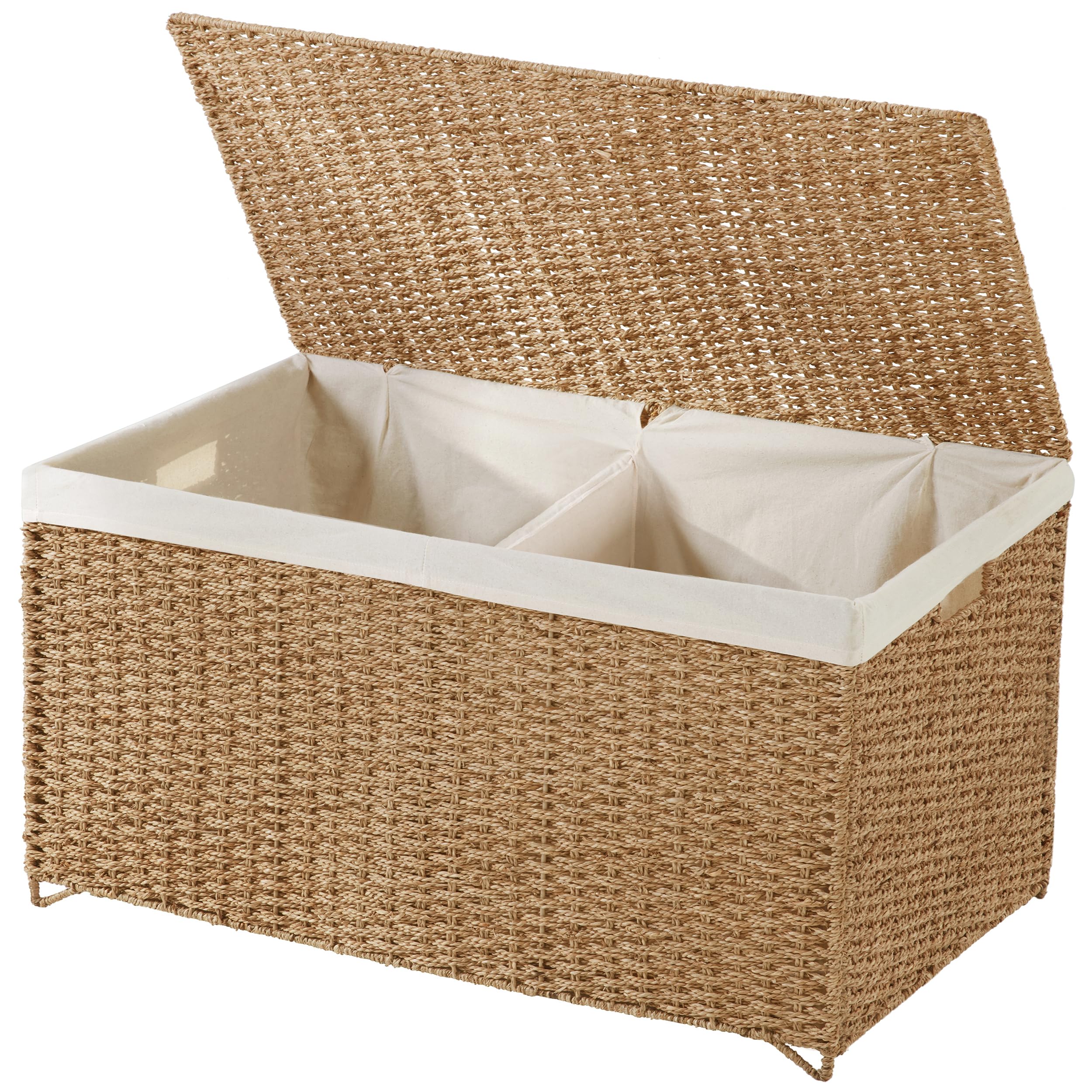 PrimeZone Double Storage Basket With Lid - 160L(42.3 Gallon) Seagrass Woven Rattan Laundry Hamper, Large Foldable Toy Box Blanket Storage Bin Trunk with Removable Liner for Bedroom, Bathoom, Natural