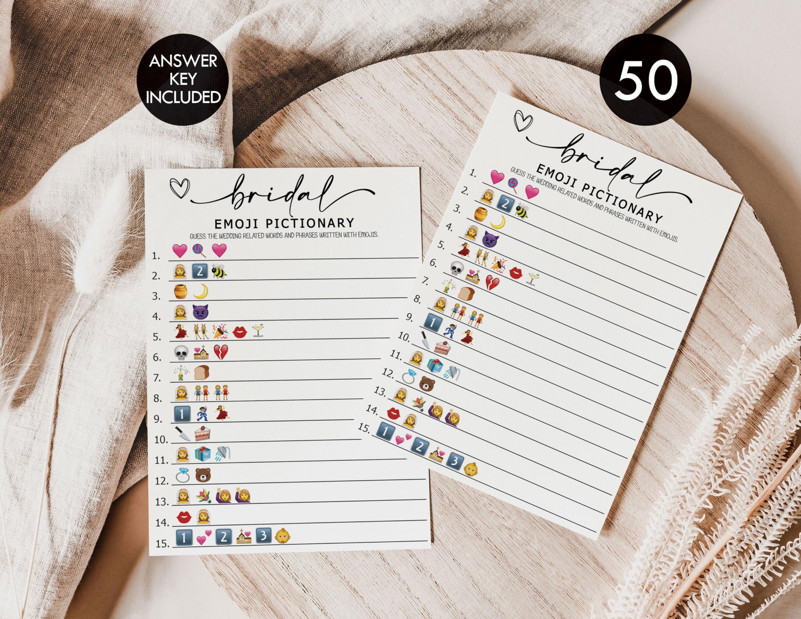 All Ewired Up 50 Bridal Shower Games Emoji Pictionary (50-Cards) Fun Wedding Game Activity, Decorations, Engagement Party, Rehearsal Dinner, Minimalist Script