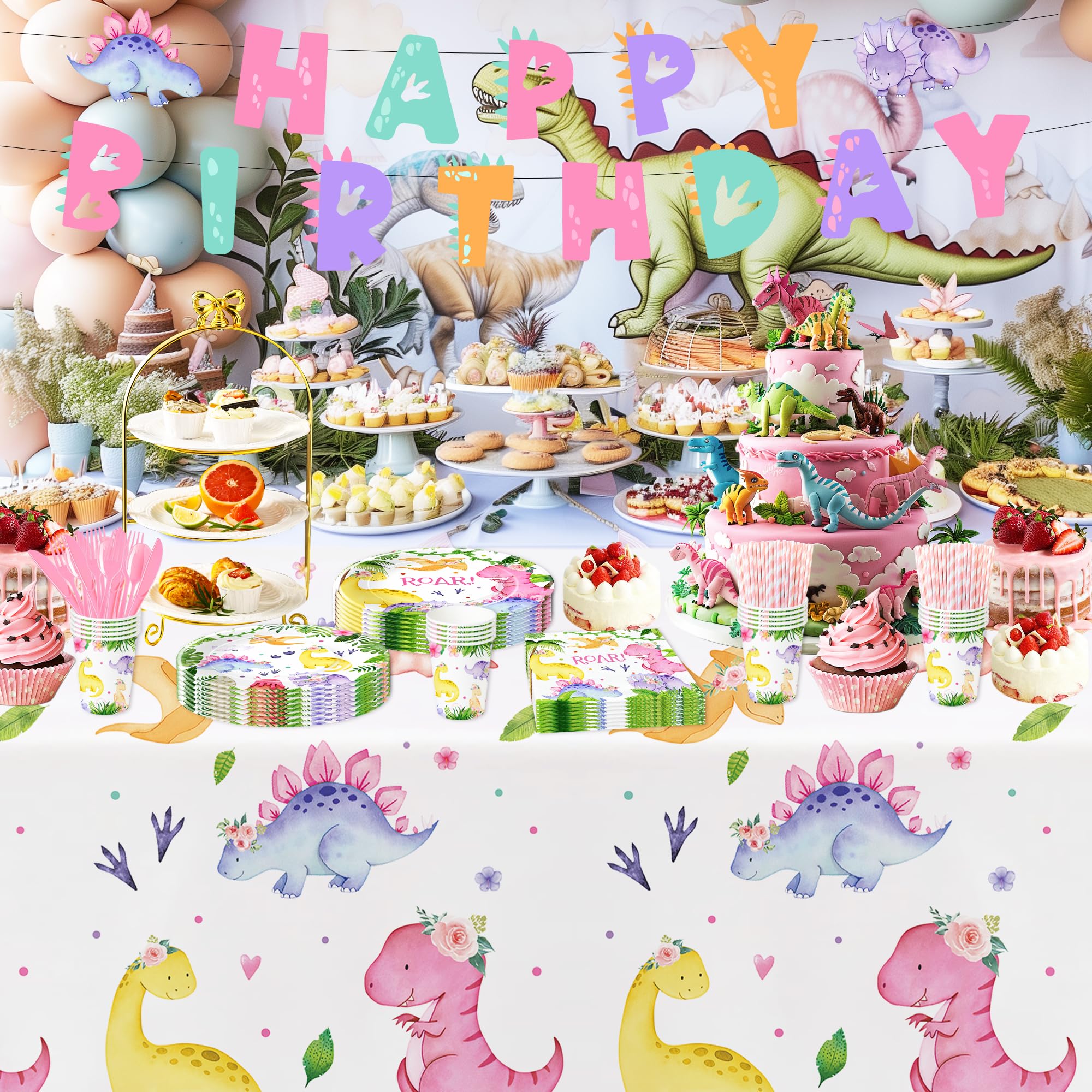 Srua Don Dinosaur Birthday Party Supplies Girl - Dinosaur Party Decorations Tableware, Paper Plate, Cup, Napkins, Tablecloth, Cutlery, Banner, Pink Dinosaur Birthday Baby Shower Decorations | Serve 24