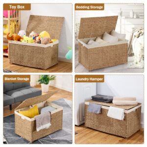 PrimeZone Double Storage Basket With Lid - 160L(42.3 Gallon) Seagrass Woven Rattan Laundry Hamper, Large Foldable Toy Box Blanket Storage Bin Trunk with Removable Liner for Bedroom, Bathoom, Natural