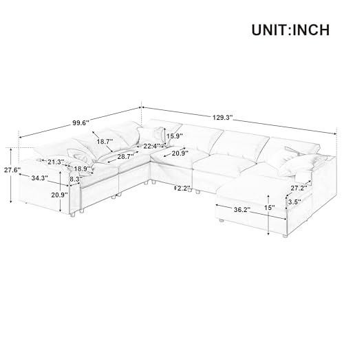 FANYE Oversized Free Combine Cushions Sectional Sofa Cum Sleep Sofabed, Deep Seat Modular Sofa&Couch W/Movable Ottoman Convertible Spacious Sleeper Couch Bed for Living Room, Down Stairs