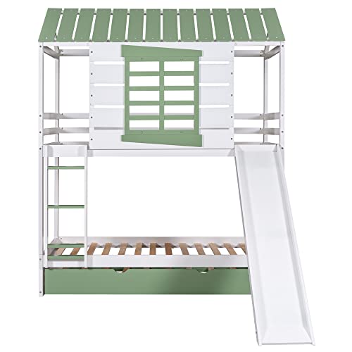 CABSETT House Bunk Beds with Convertible Slide for Kids, Wood Twin Over Twin Bunk Beds Frame with Trundle and Roof for Girls Boys, White+Green