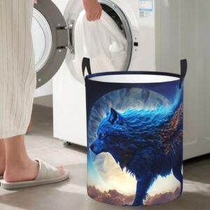 Large Laundry Basket with Handles - Moonlit Blue Wolf Baby Kids Dirty Clothes Laundry Hamper