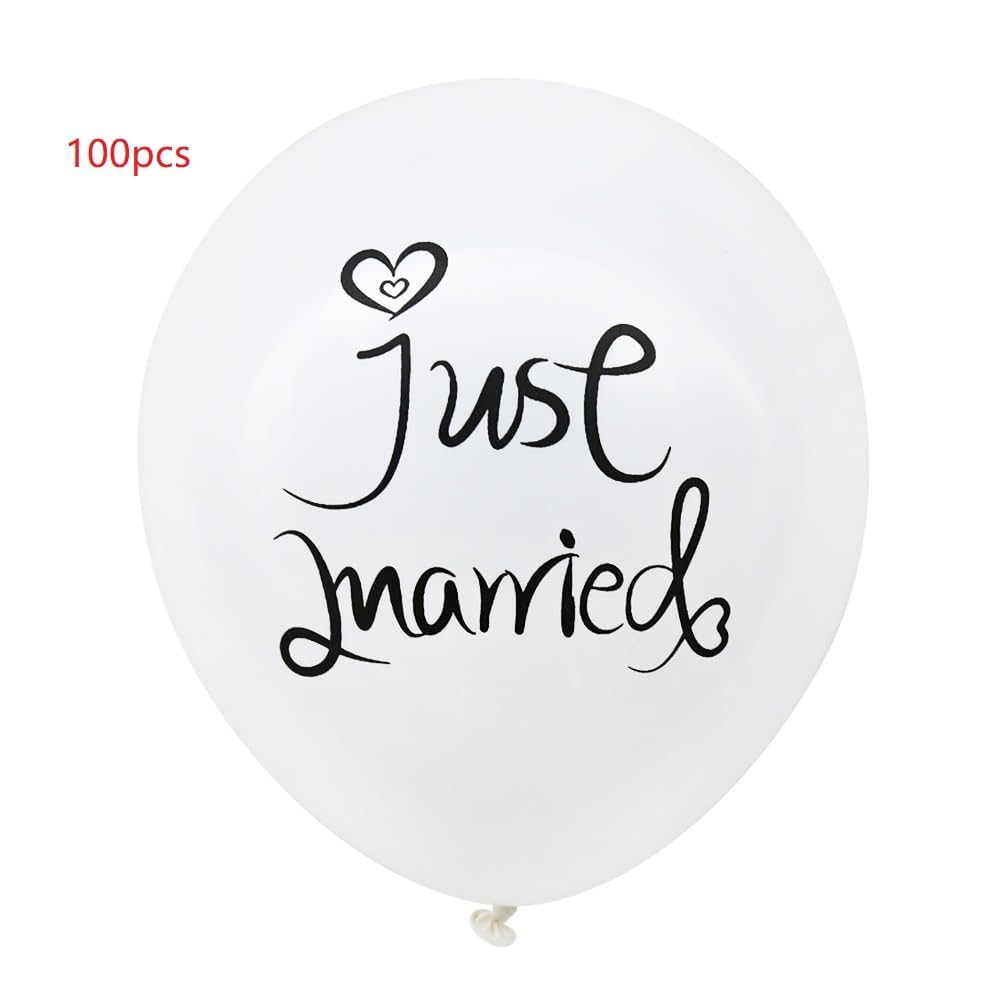 Pfylinqo 100 Pcs Celebration of Just Married Balloons, 12 Inch "Just Married" Letter Print White Balloon for Garland Arch, Party Latex Balloons for Bride Wedding Anniversary Party Decoration Supplies