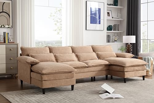 Eafurn U Shaped Symmetrical Sectional Couch with Waist Poillows and Detachable Pillow Armrest, 6 Seater Oversized Modular Lounge Sofa with Double Chaise & Memory Foam for Living Room Apartment