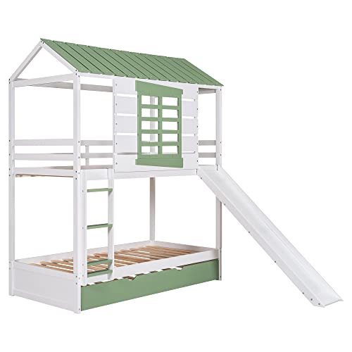 CABSETT House Bunk Beds with Convertible Slide for Kids, Wood Twin Over Twin Bunk Beds Frame with Trundle and Roof for Girls Boys, White+Green